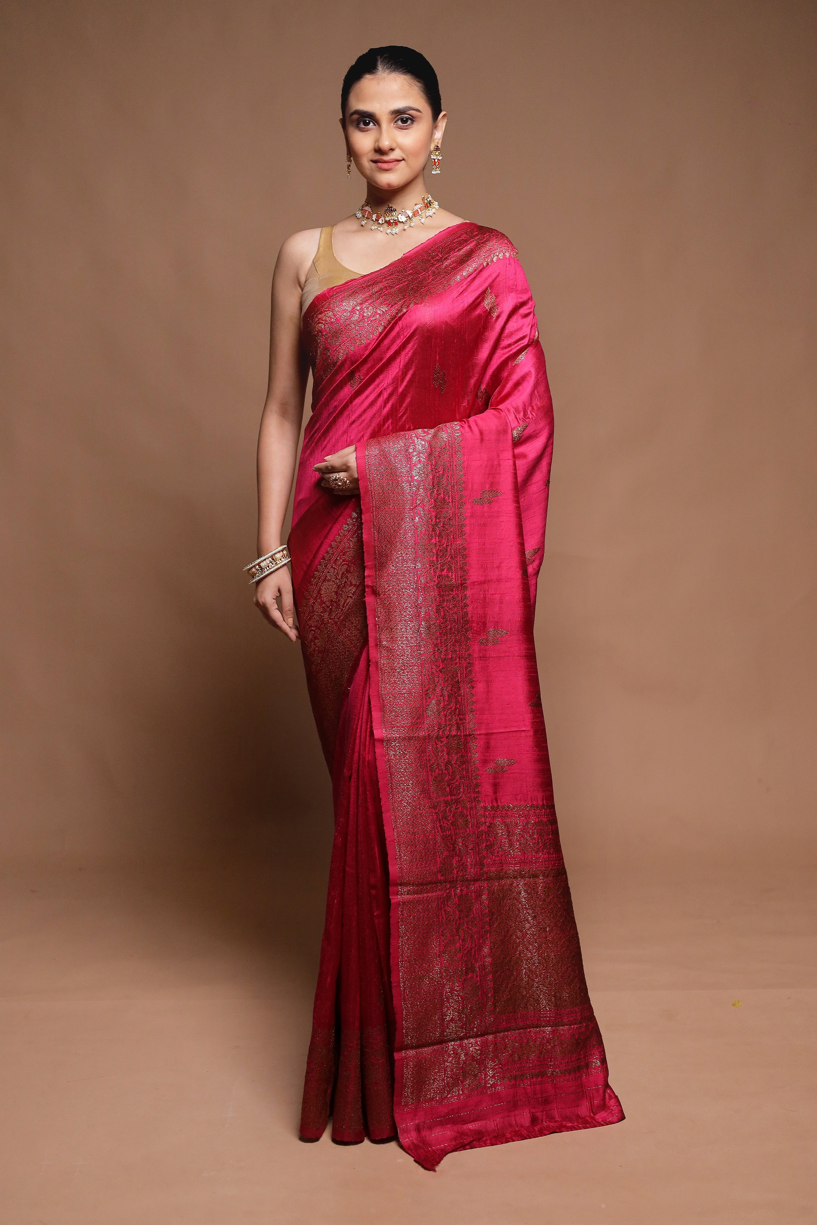 Pink Handloom Tussar Pure Silk Saree With Blouse Piece