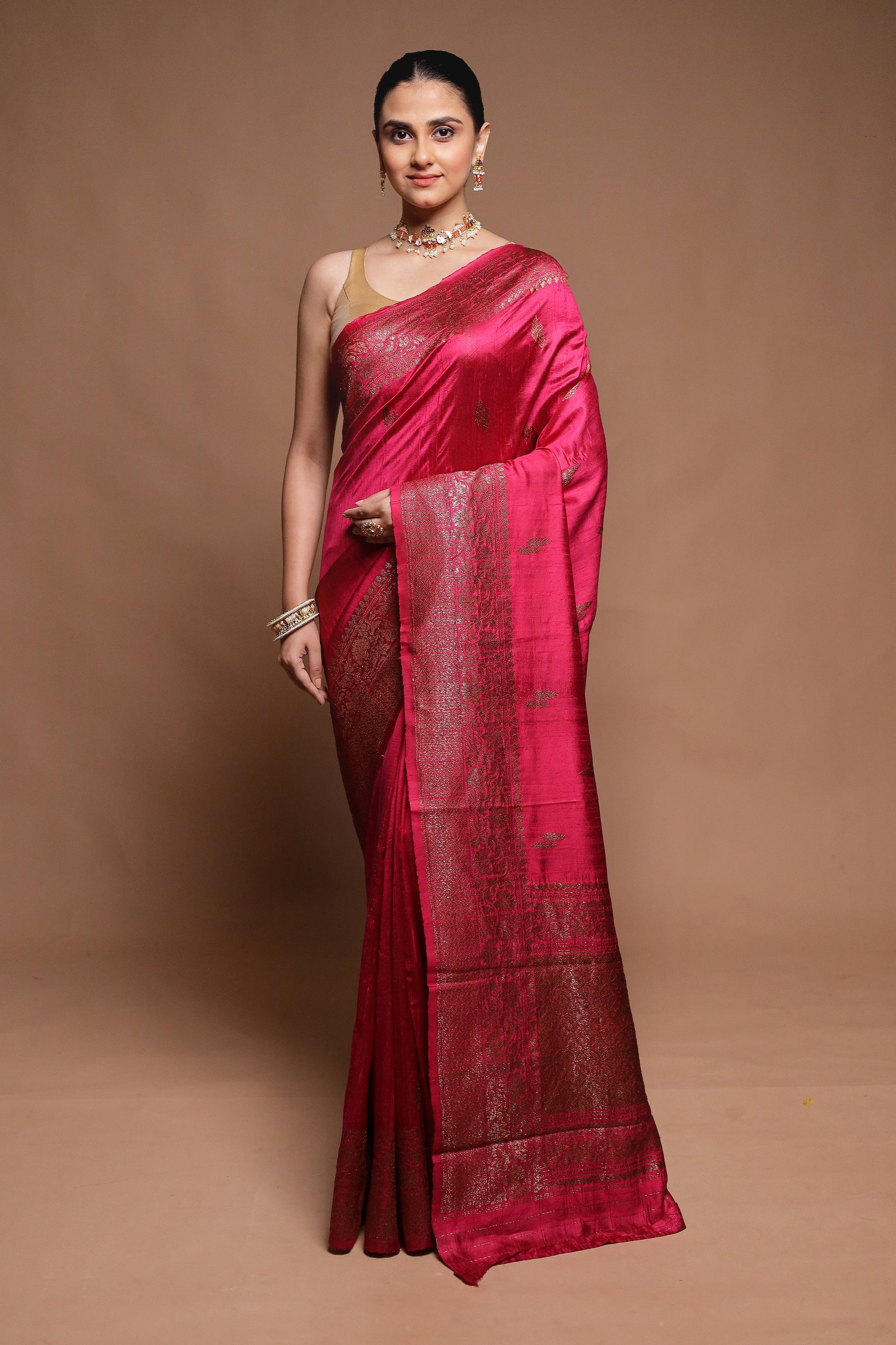 Pink Handloom Tussar Pure Silk Saree With Blouse Piece
