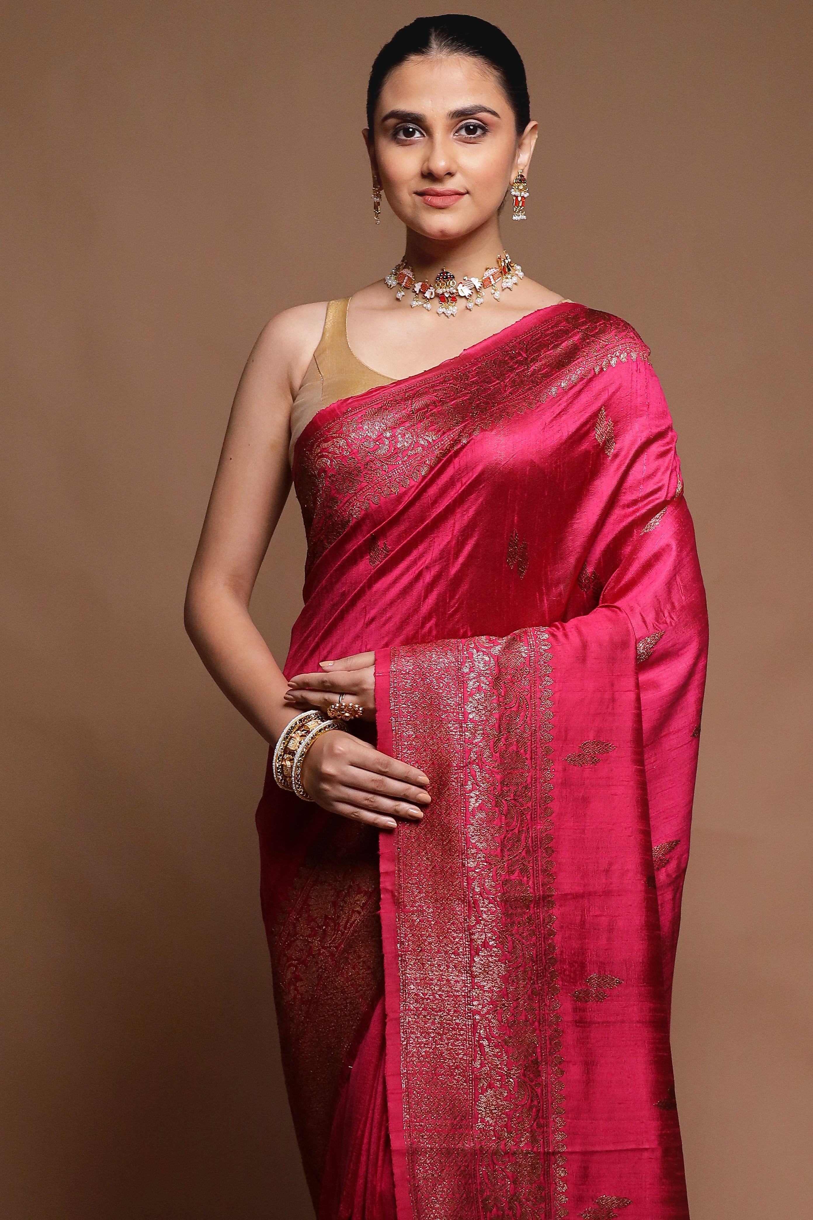 Pink Handloom Tussar Pure Silk Saree With Blouse Piece