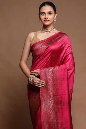Pink Handloom Tussar Pure Silk Saree With Blouse Piece