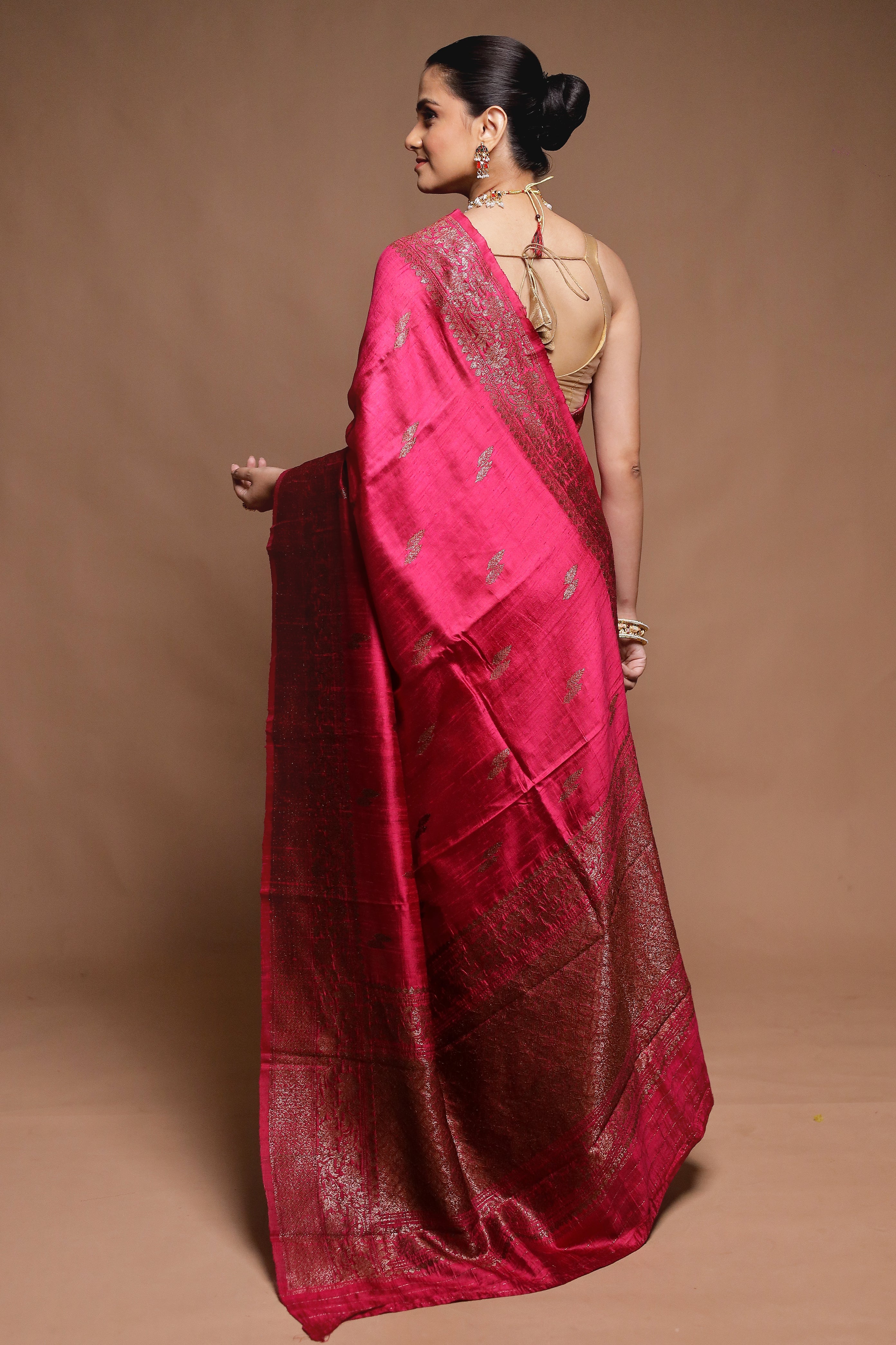 Pink Handloom Tussar Pure Silk Saree With Blouse Piece