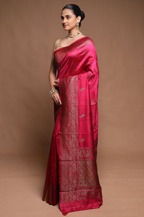 Pink Handloom Tussar Pure Silk Saree With Blouse Piece