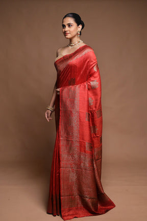 Red Handloom Tussar Pure Silk Saree With Blouse Piece