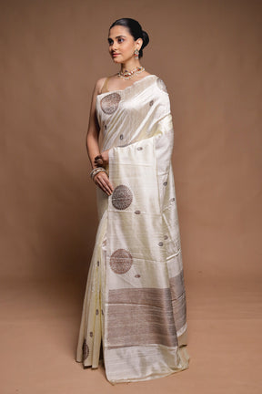 White Handloom Tussar Pure Silk Saree With Blouse Piece