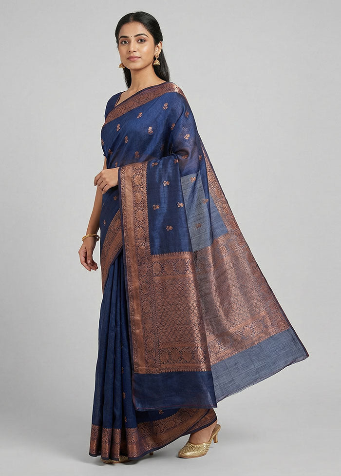 Blue Handloom Tussar Pure Silk Saree With Blouse Piece