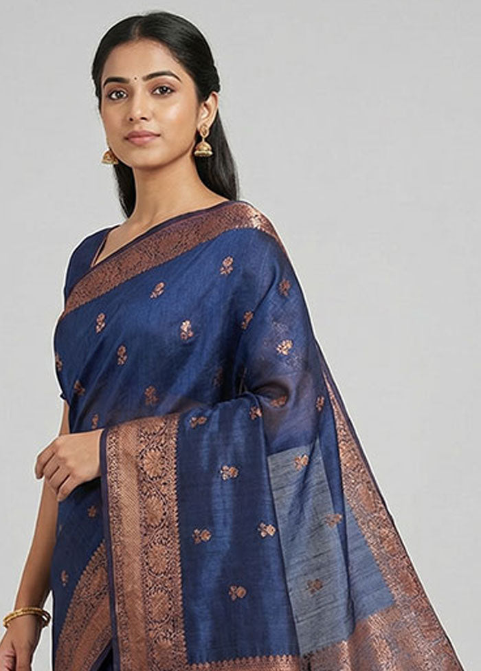 Blue Handloom Tussar Pure Silk Saree With Blouse Piece