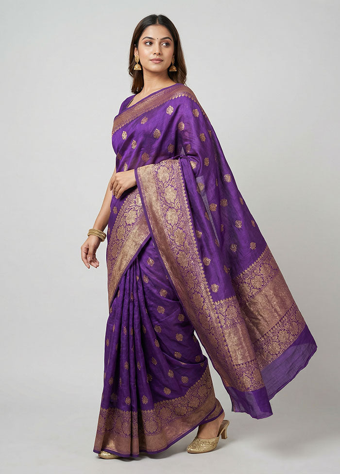Purple Handloom Tussar Pure Silk Saree With Blouse Piece