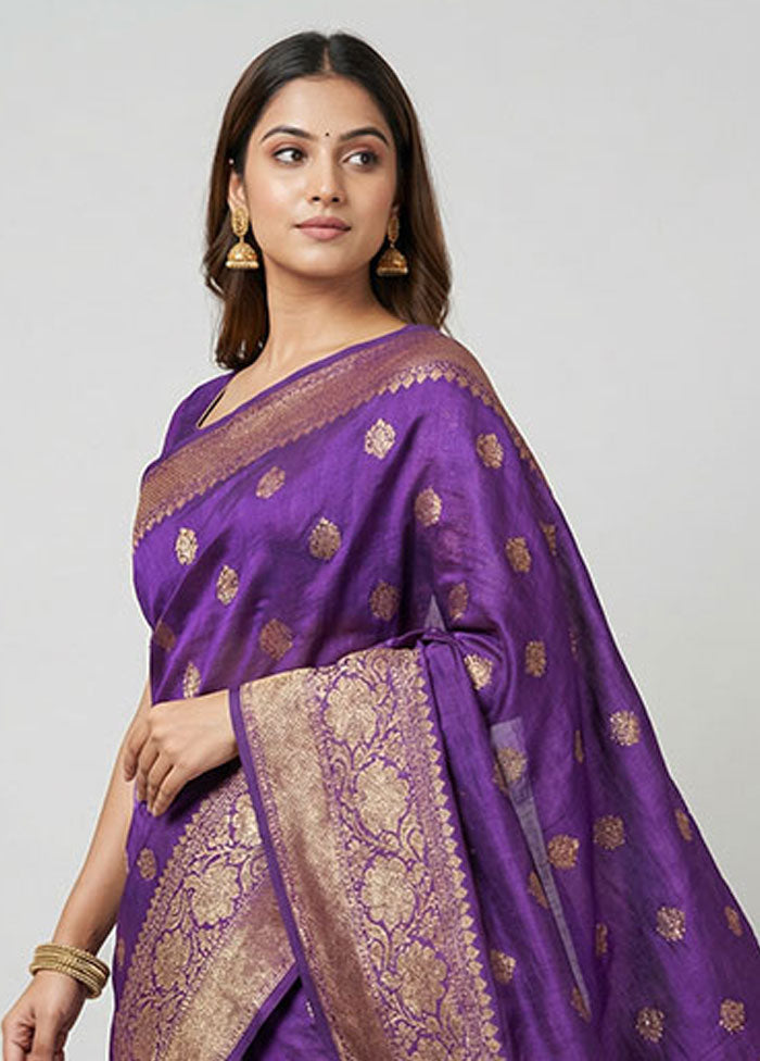 Purple Handloom Tussar Pure Silk Saree With Blouse Piece