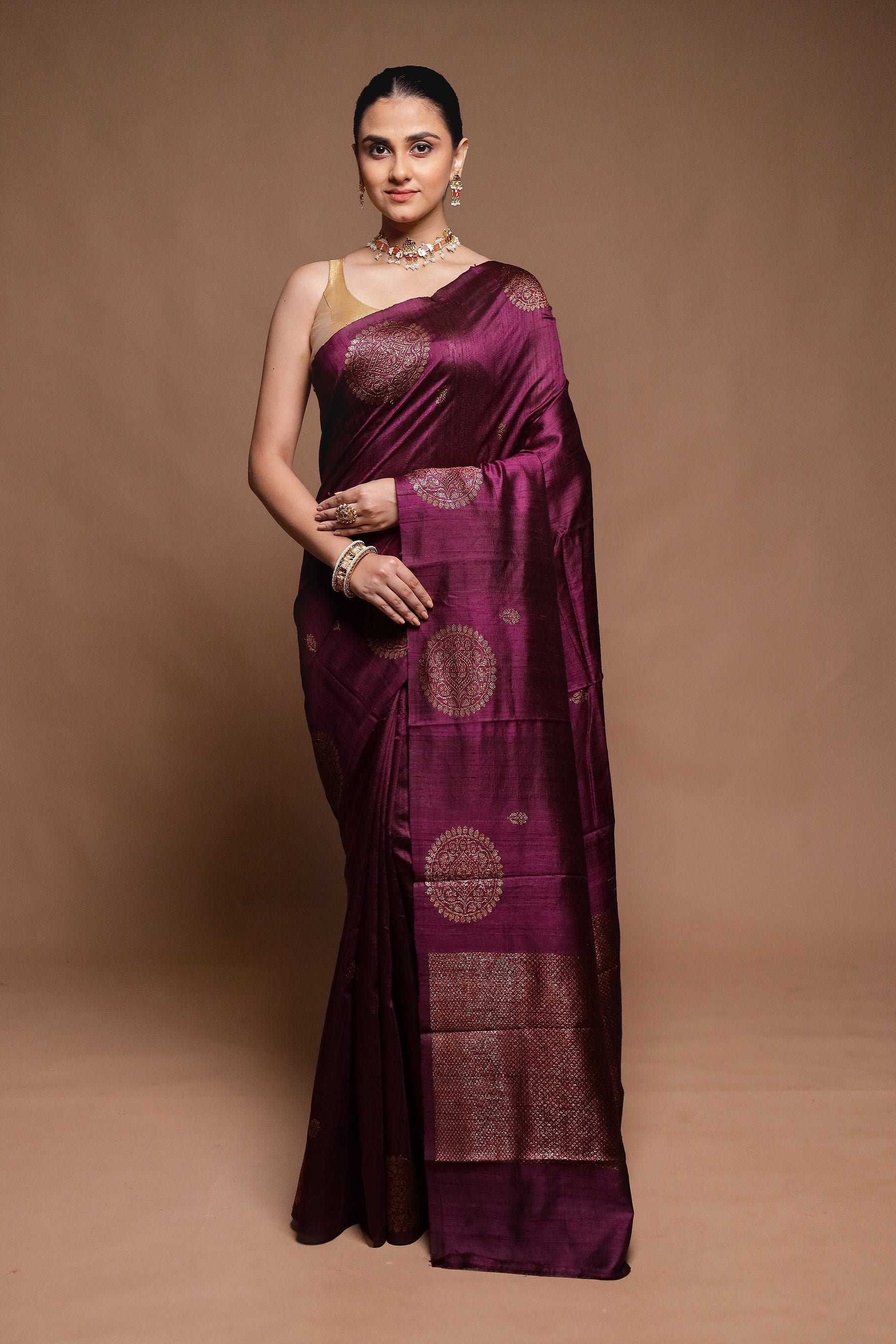 Wine Handloom Tussar Pure Silk Saree With Blouse Piece