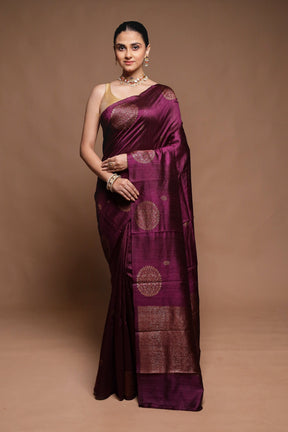Wine Handloom Tussar Pure Silk Saree With Blouse Piece