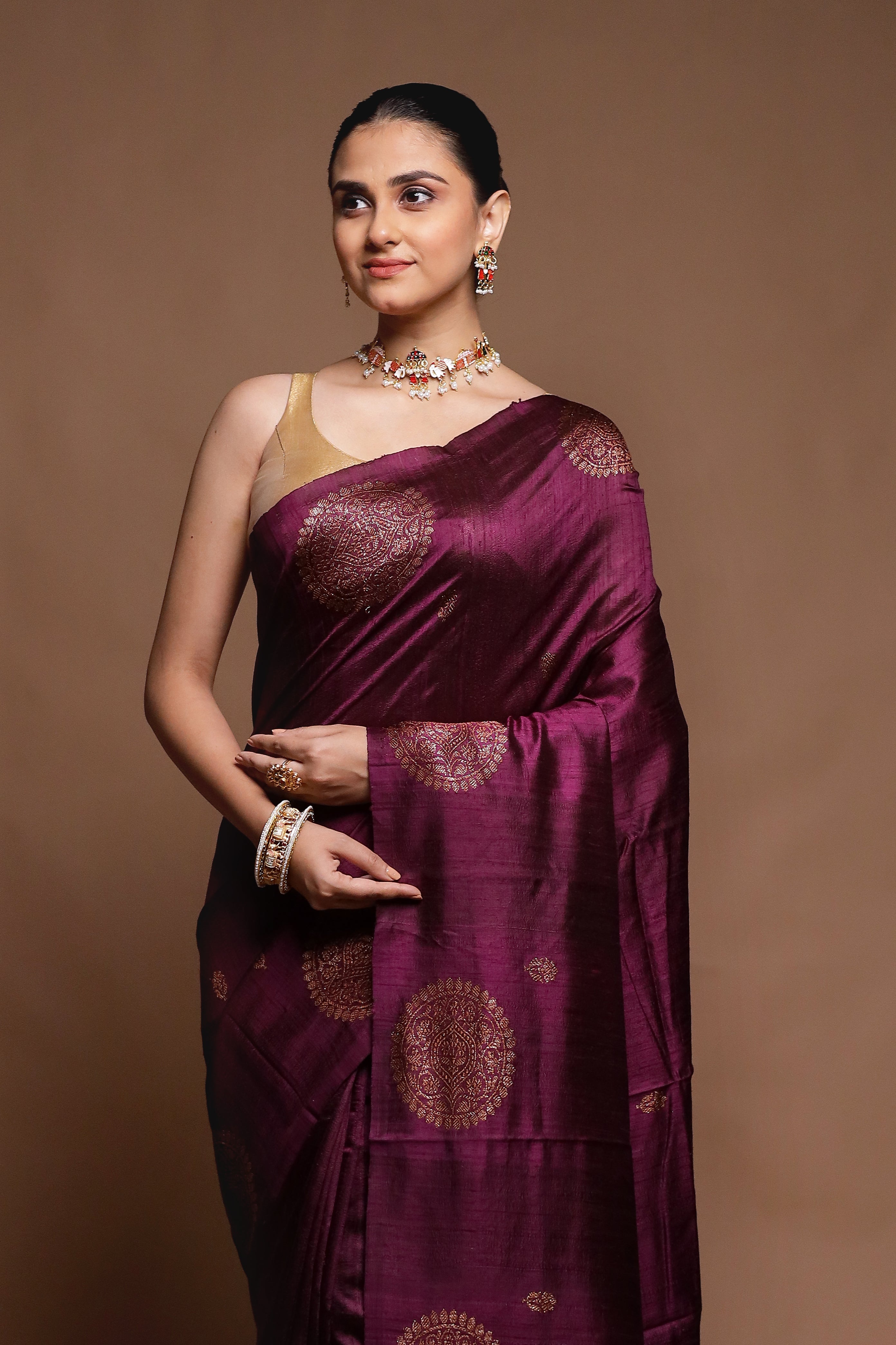 Wine Handloom Tussar Pure Silk Saree With Blouse Piece