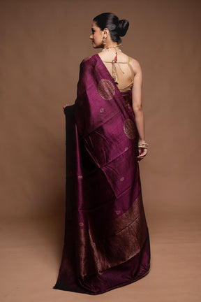 Wine Handloom Tussar Pure Silk Saree With Blouse Piece