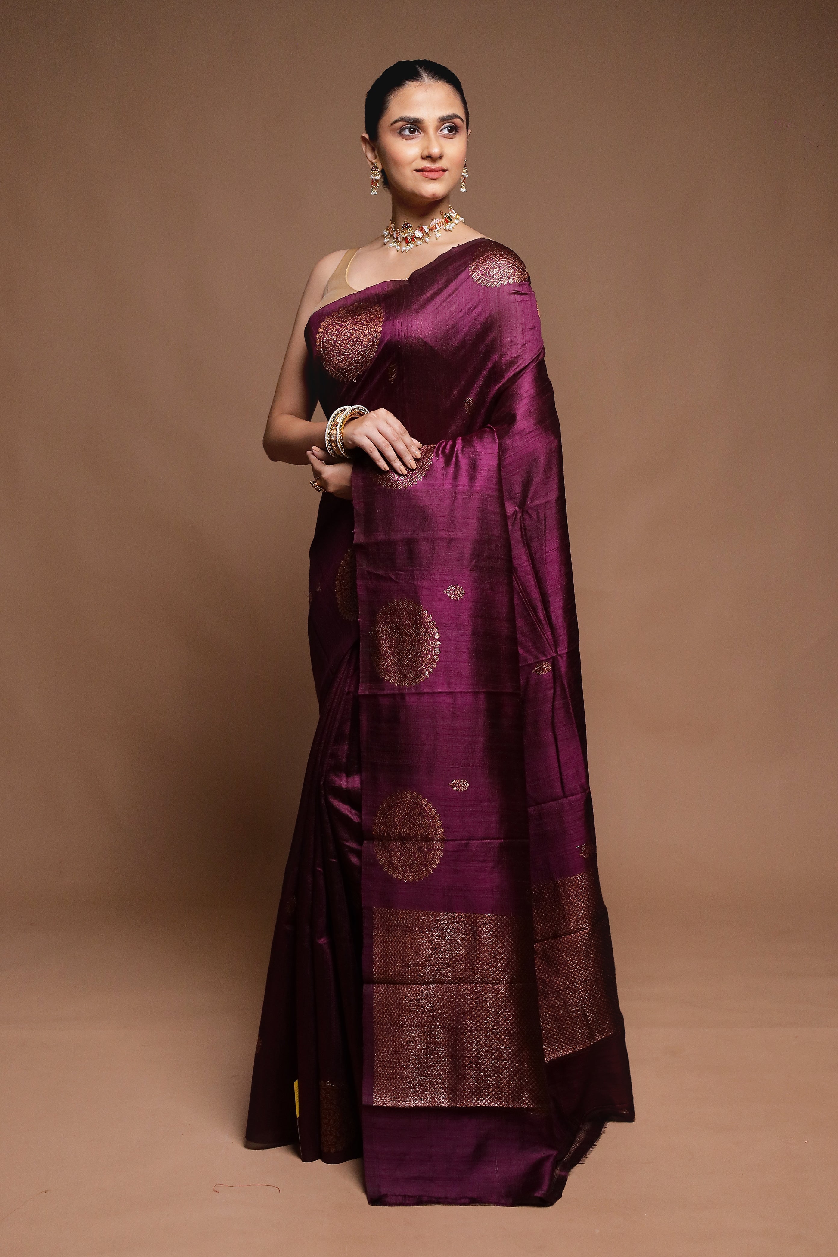 Wine Handloom Tussar Pure Silk Saree With Blouse Piece