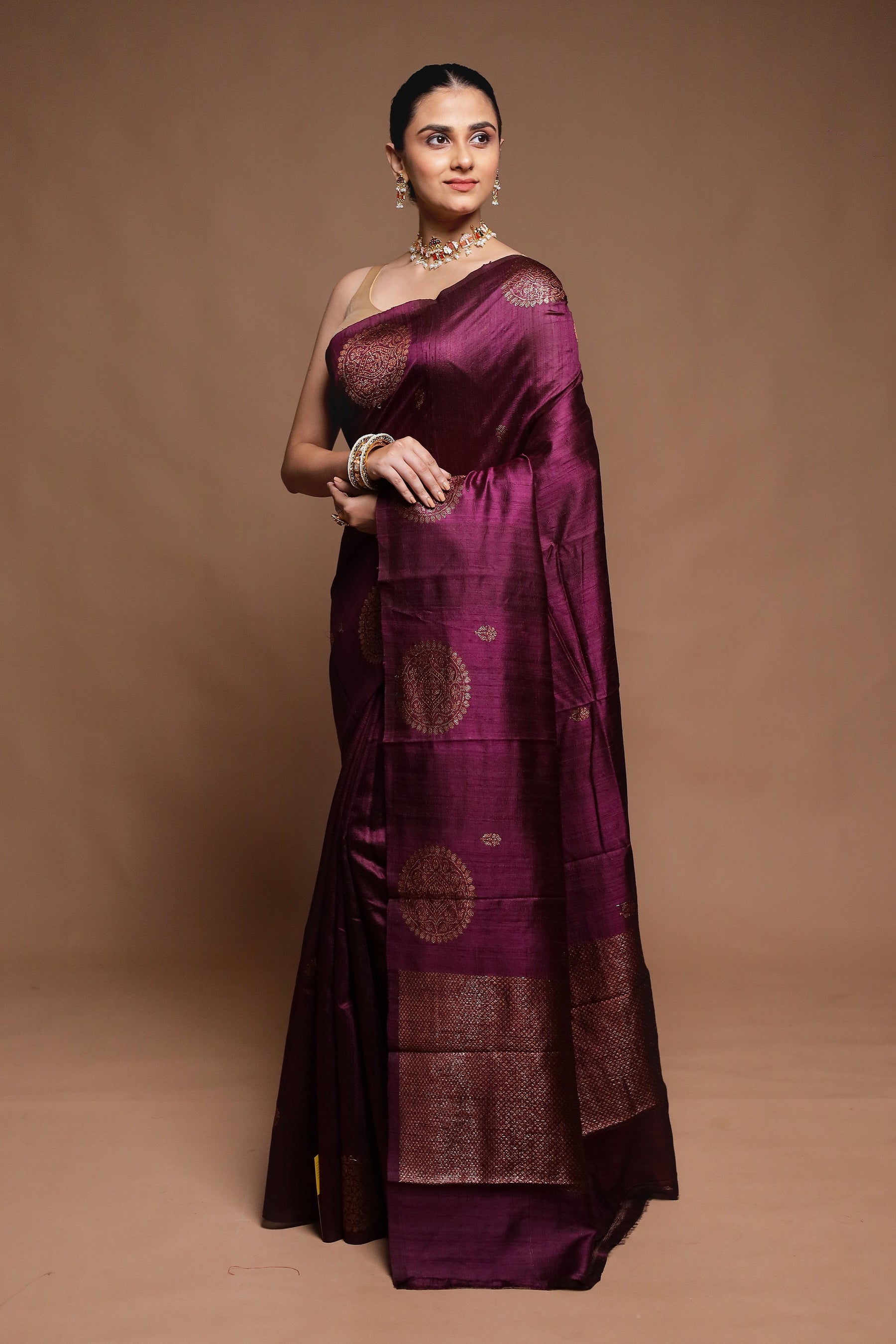 Wine Handloom Tussar Pure Silk Saree With Blouse Piece
