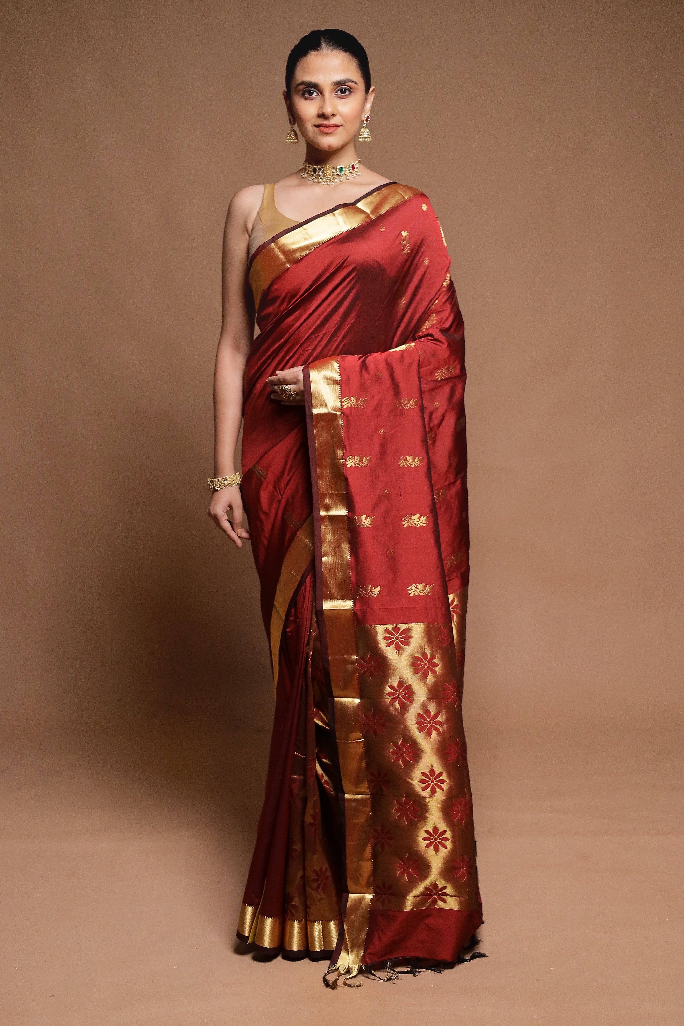 Brown Kanjivaram Silk Saree With Blouse Piece