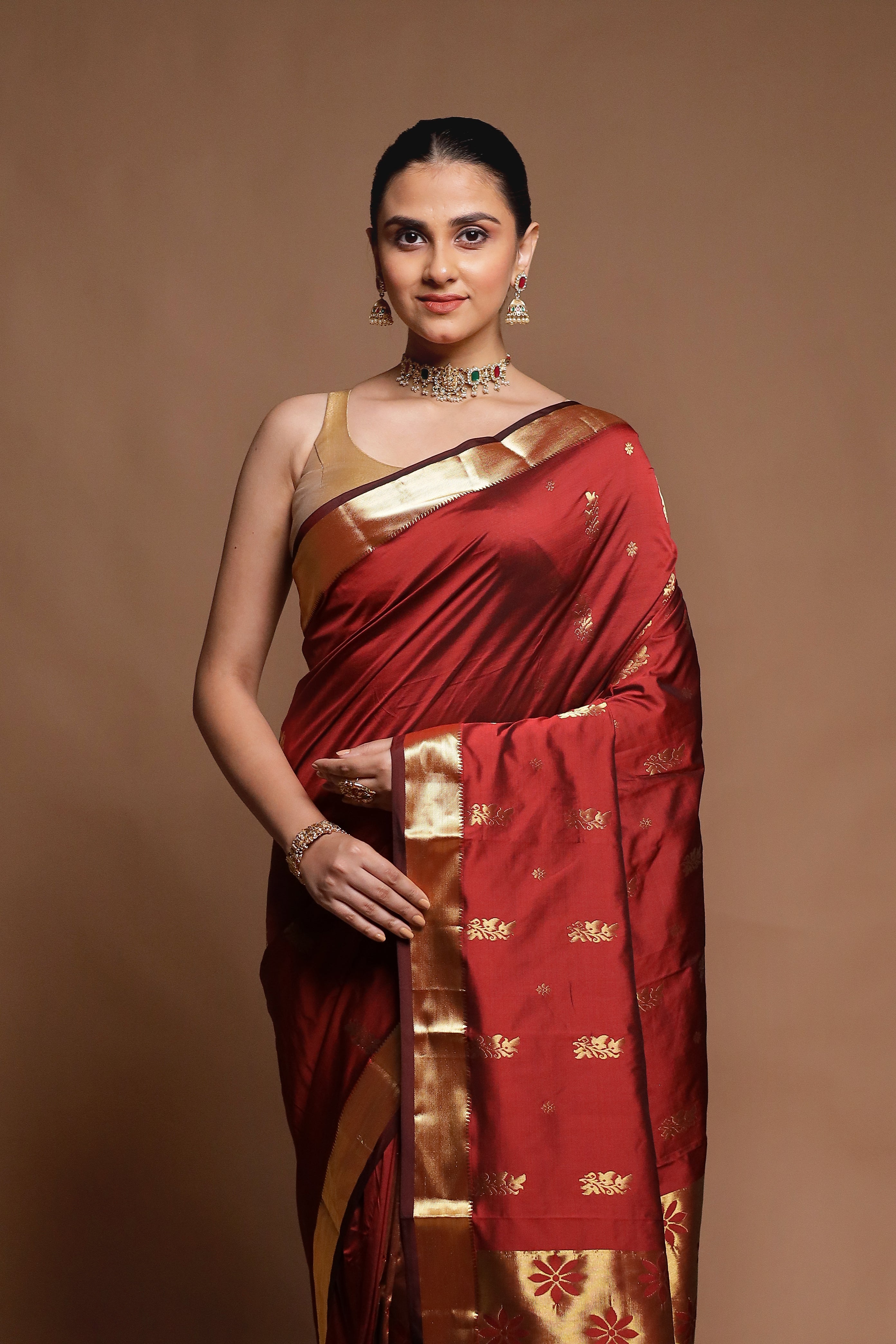 Brown Kanjivaram Silk Saree With Blouse Piece
