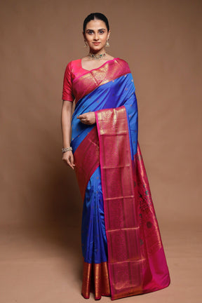 Blue Kanjivaram Silk Saree With Blouse Piece