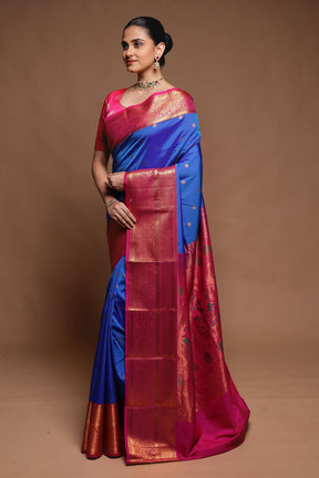 Blue Kanjivaram Silk Saree With Blouse Piece