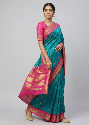 Blue Kanjivaram Silk Saree With Blouse Piece