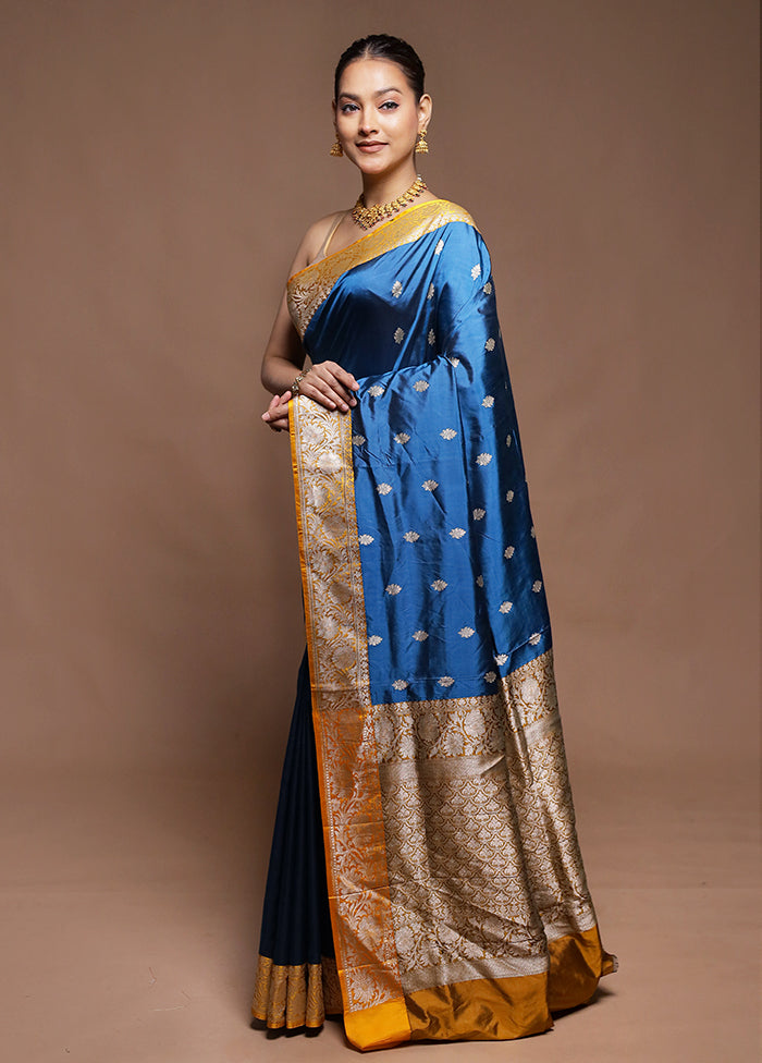 Blue Handloom Katan Pure Silk Saree With Blouse Piece