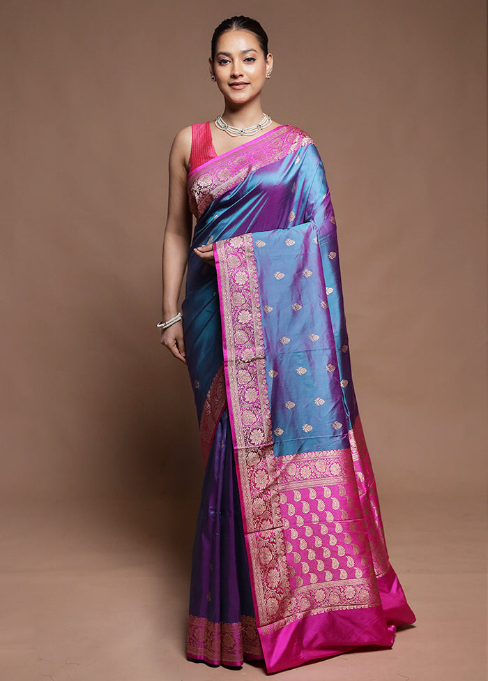 Blue Handloom Katan Pure Silk Saree With Blouse Piece