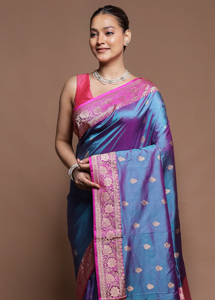 Blue Handloom Katan Pure Silk Saree With Blouse Piece