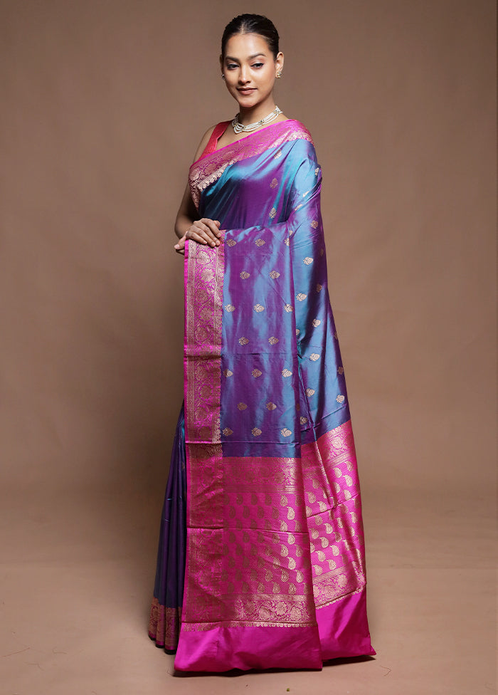 Blue Handloom Katan Pure Silk Saree With Blouse Piece