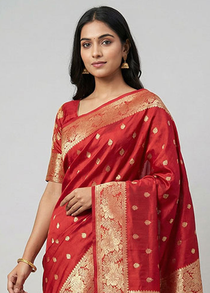 Red Handloom Katan Pure Silk Saree With Blouse Piece