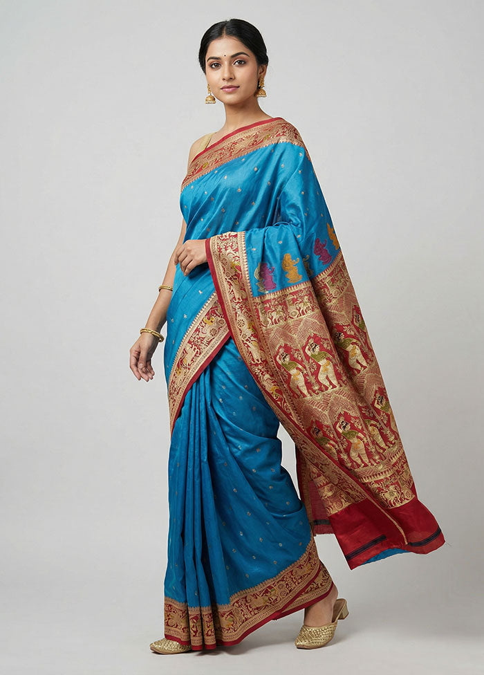 Blue Handloom Katan Pure Silk Saree With Blouse Piece