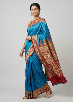 Blue Handloom Katan Pure Silk Saree With Blouse Piece