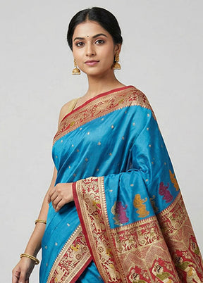 Blue Handloom Katan Pure Silk Saree With Blouse Piece