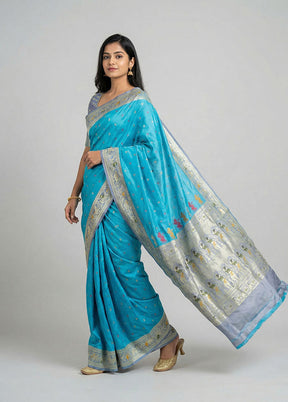 Blue Handloom Katan Pure Silk Saree With Blouse Piece