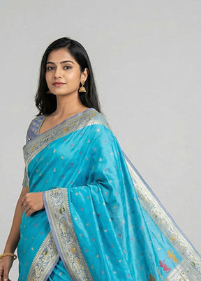 Blue Handloom Katan Pure Silk Saree With Blouse Piece