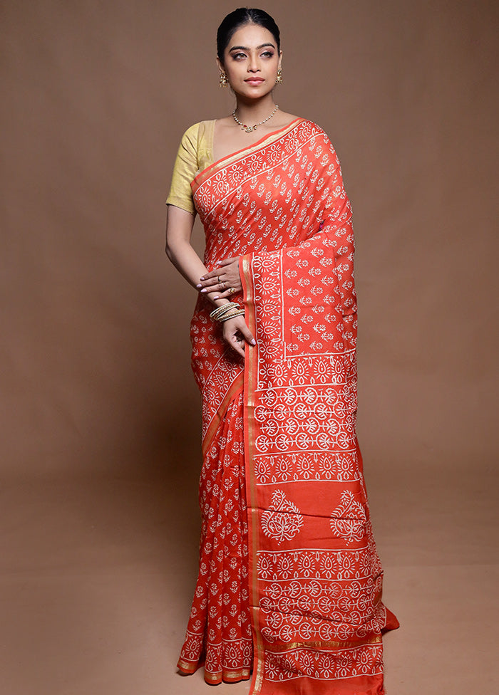 Rust Chanderi Cotton Saree With Blouse Piece