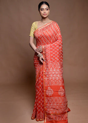 Rust Chanderi Cotton Saree With Blouse Piece