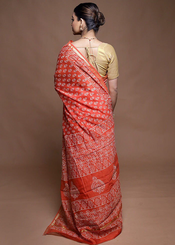 Rust Chanderi Cotton Saree With Blouse Piece