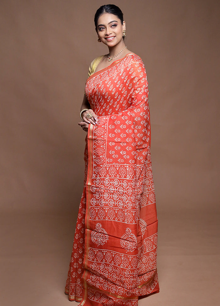 Rust Chanderi Cotton Saree With Blouse Piece