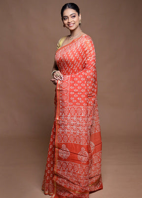 Rust Chanderi Cotton Saree With Blouse Piece
