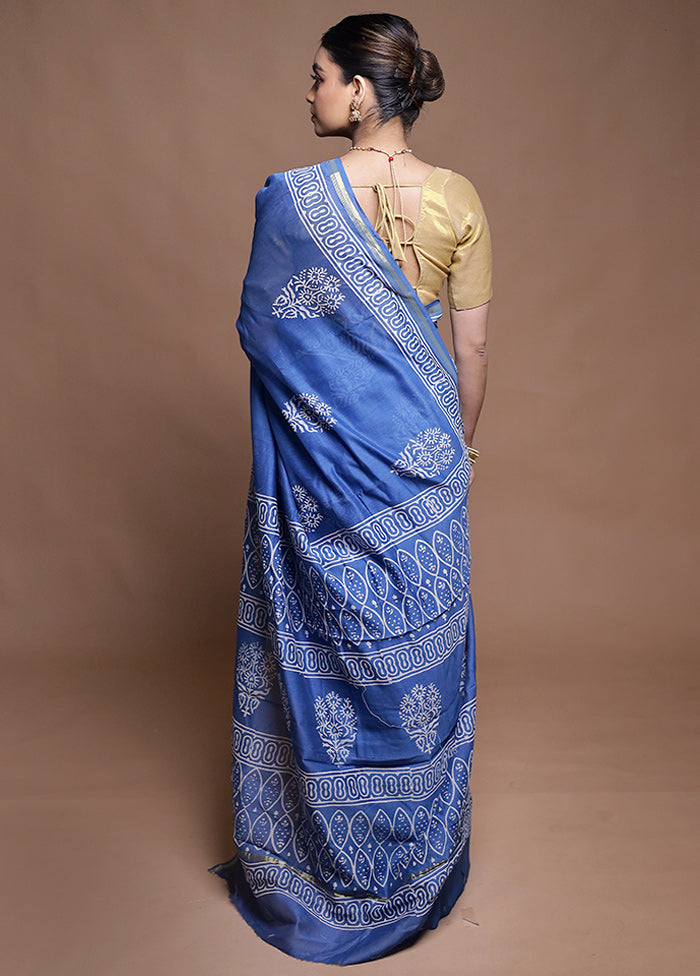 Blue Chanderi Cotton Saree With Blouse Piece