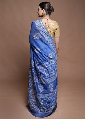 Blue Chanderi Cotton Saree With Blouse Piece