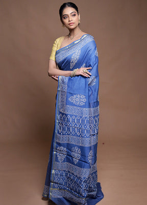 Blue Chanderi Cotton Saree With Blouse Piece