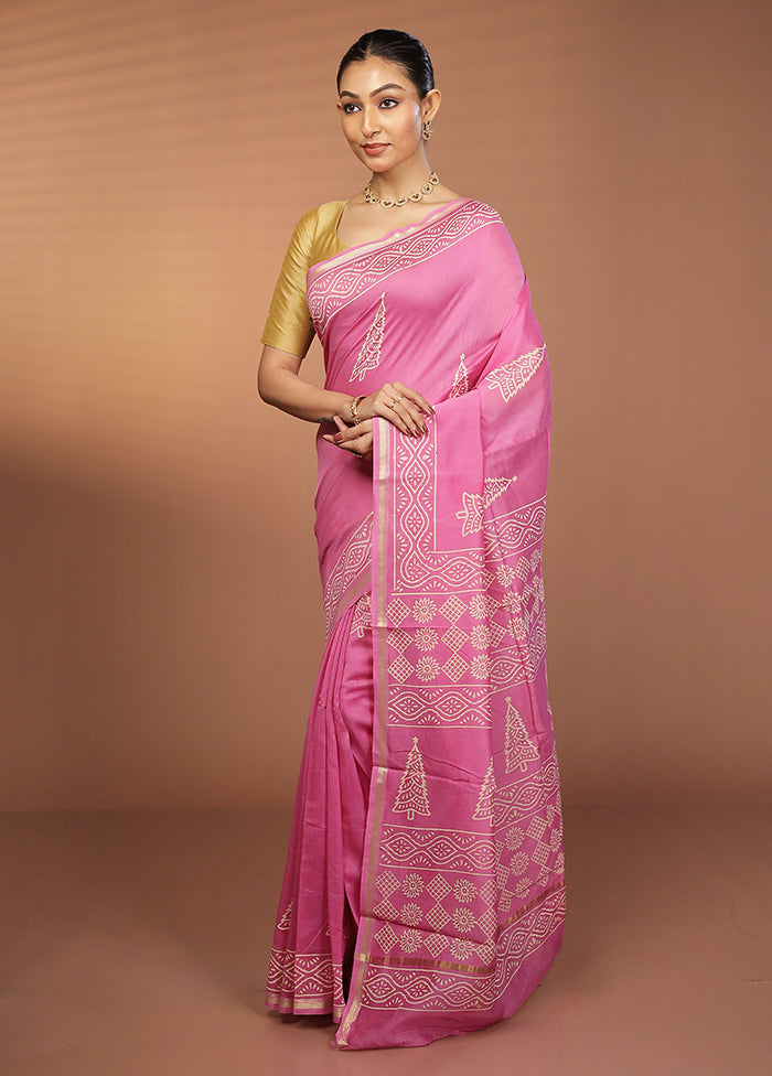 Pink Chanderi Silk Saree With Blouse Piece