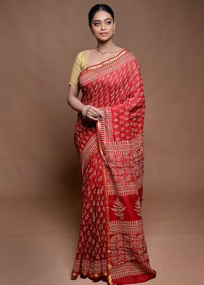 Red Chanderi Cotton Saree With Blouse Piece
