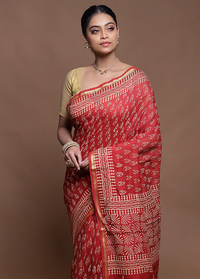 Red Chanderi Cotton Saree With Blouse Piece