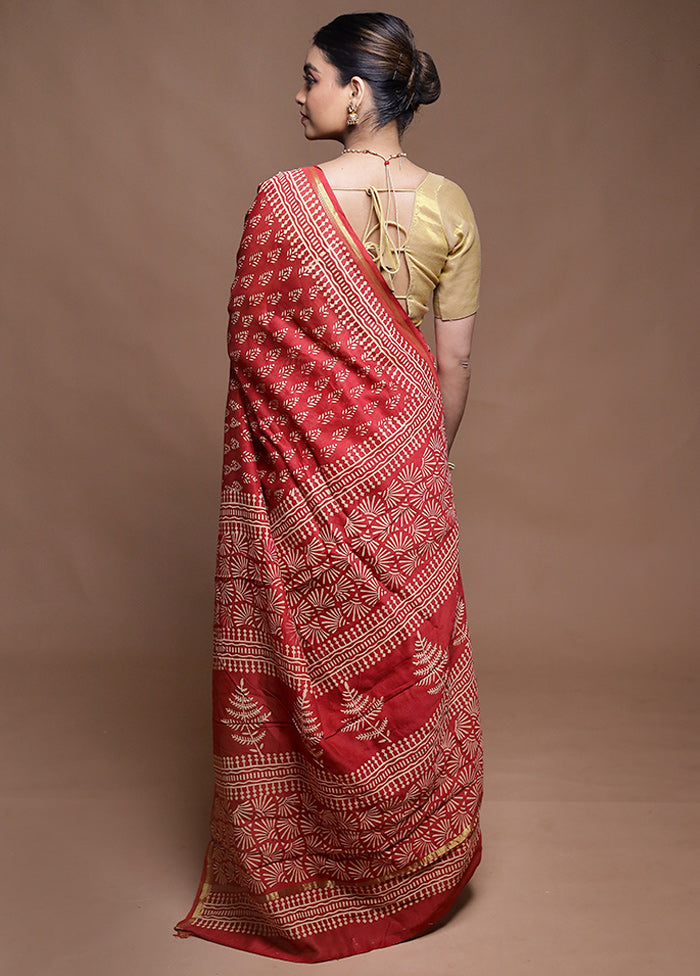 Red Chanderi Cotton Saree With Blouse Piece