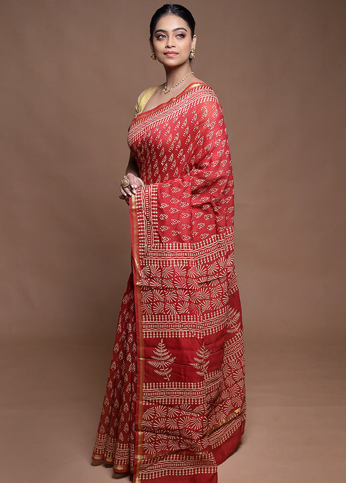 Red Chanderi Cotton Saree With Blouse Piece