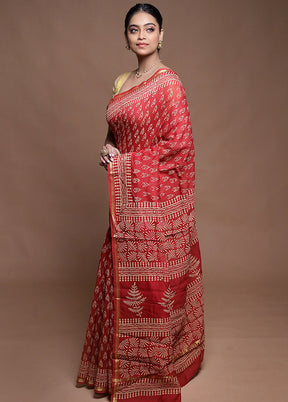 Red Chanderi Cotton Saree With Blouse Piece