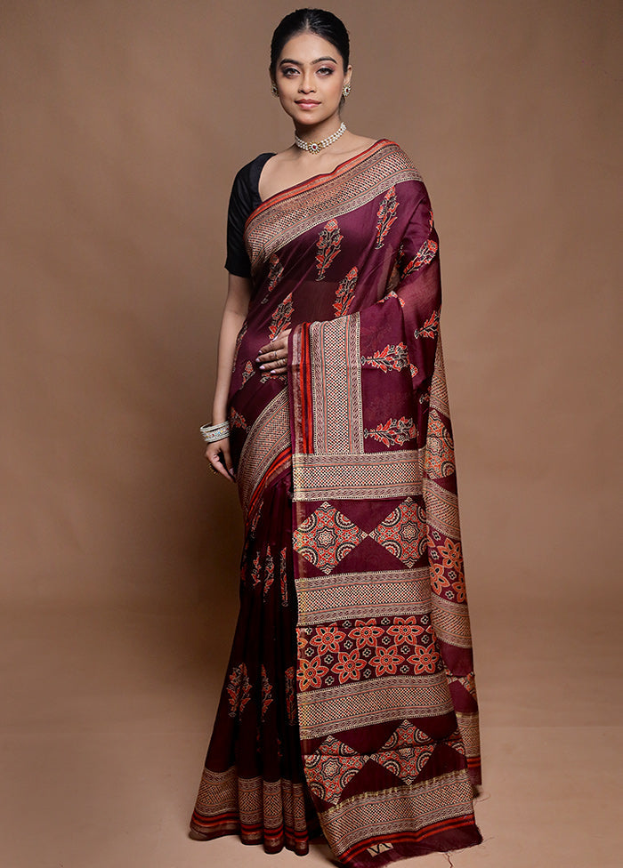 Maroon Chanderi Cotton Saree With Blouse Piece