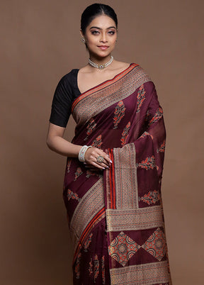 Maroon Chanderi Cotton Saree With Blouse Piece