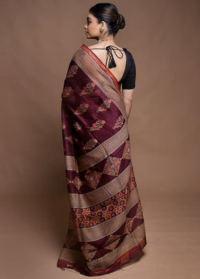 Maroon Chanderi Cotton Saree With Blouse Piece